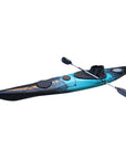 Cockpit view of the Cambridge Kayaks Explorer 430 sit inside kayak in blue black fade, featuring dual hatch storage, adjustable seat, and spacious layout.