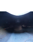 Deck detail of the Cambridge Kayaks Explorer 430 sit inside kayak in blue black fade, highlighting bungee storage, watertight hatches, and carry handles.