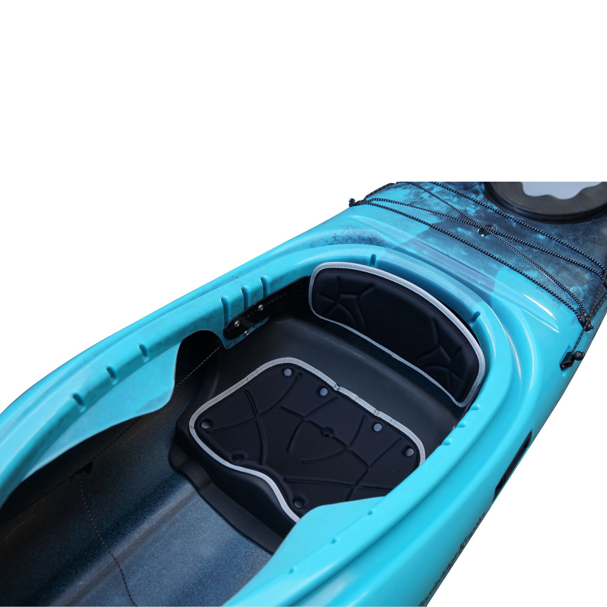 Cambridge Kayaks Explorer 430 sit inside kayak in blue black fade, front angled view showing two-tone hull, touring shape, and ergonomic cockpit.