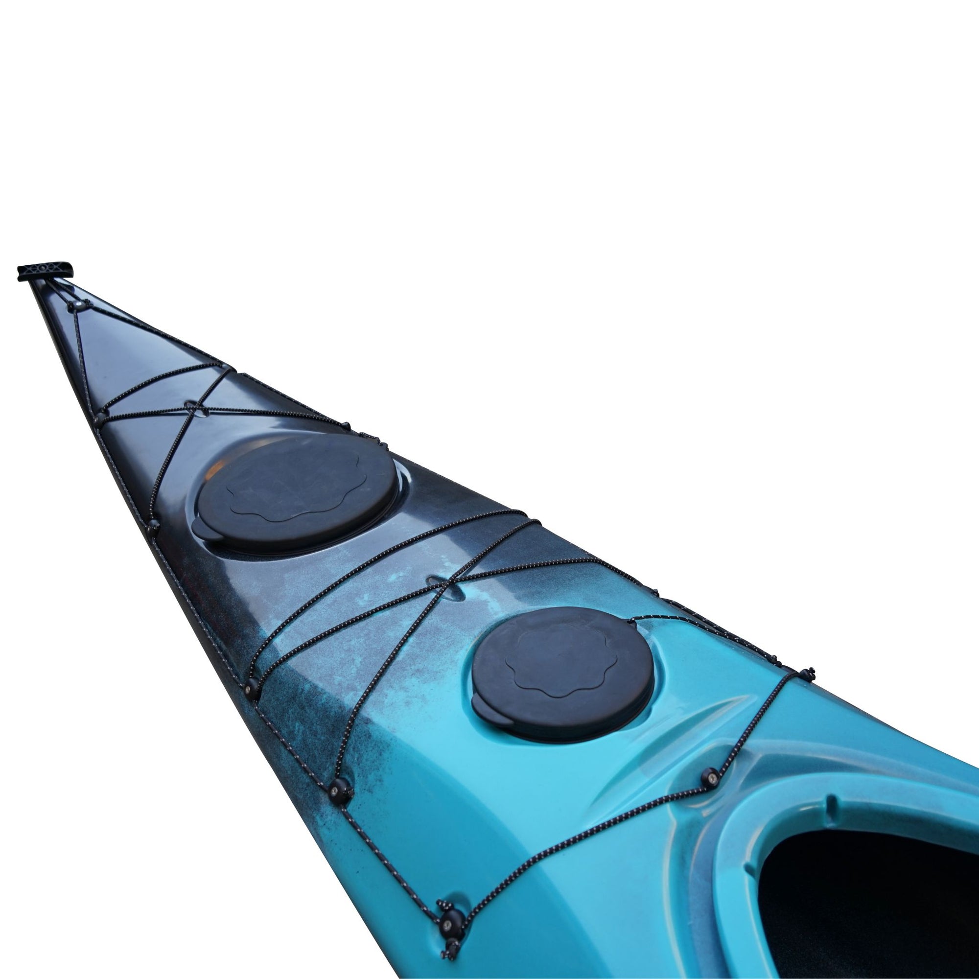 Side profile of the Cambridge Kayaks Explorer 430 sit inside kayak in blue black fade, sleek long touring kayak for performance and control.
