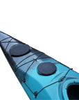 Side profile of the Cambridge Kayaks Explorer 430 sit inside kayak in blue black fade, sleek long touring kayak for performance and control.