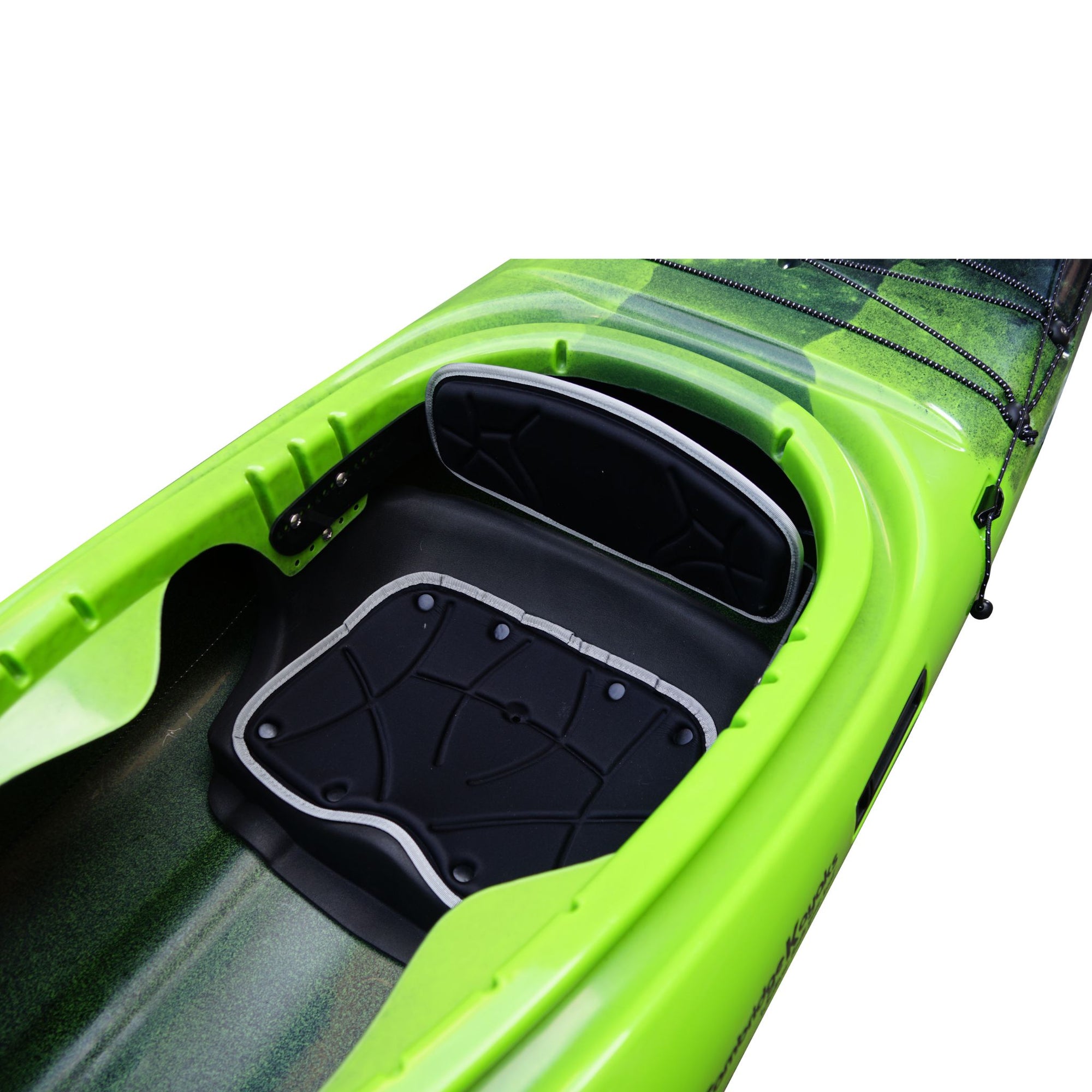 Close-up of the Cambridge Kayaks Explorer 430 sit inside kayak in green black fade, featuring seat padding, deck lines, and center hatch for gear.