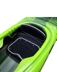 Close-up of the Cambridge Kayaks Explorer 430 sit inside kayak in green black fade, featuring seat padding, deck lines, and center hatch for gear.