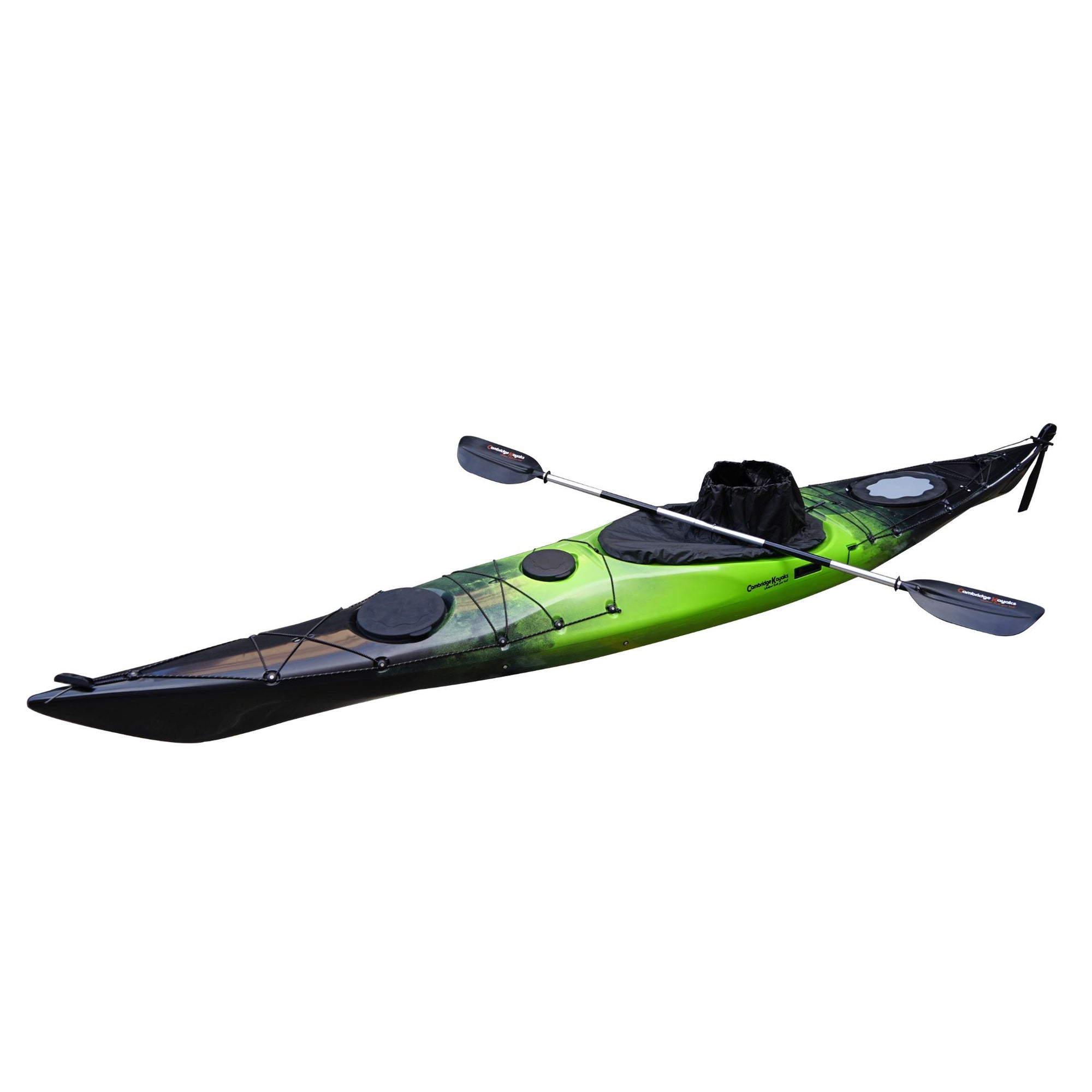 Deck detail of the Cambridge Kayaks Explorer 430 sit inside kayak in green black fade, showing front and rear hatch covers and tie-down points.