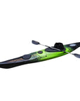 Deck detail of the Cambridge Kayaks Explorer 430 sit inside kayak in green black fade, showing front and rear hatch covers and tie-down points.