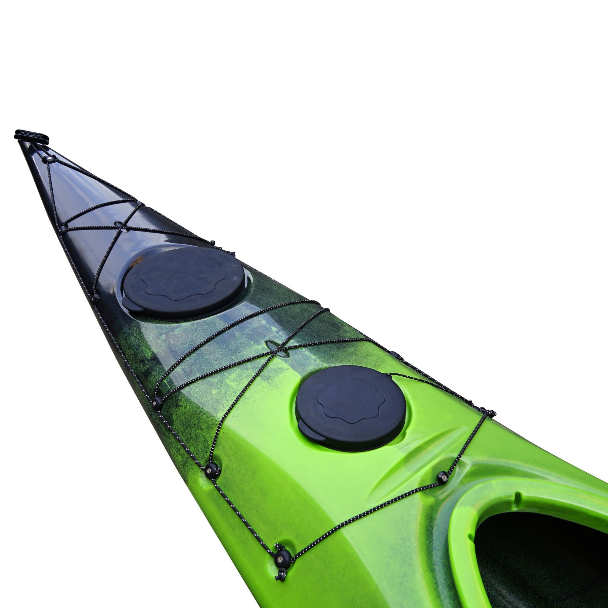 Cambridge Kayaks Explorer 430 sit inside kayak in green black fade, front angled view showing eye-catching dual fade design and slim touring profile.