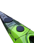 Cambridge Kayaks Explorer 430 sit inside kayak in green black fade, front angled view showing eye-catching dual fade design and slim touring profile.