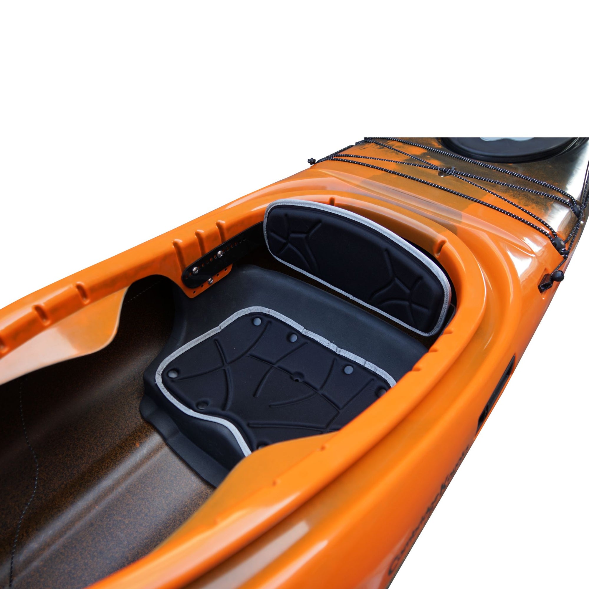 Cockpit view of the Cambridge Kayaks Explorer 430 sit inside kayak in orange black fade, with molded seat, bungee deck cords, and hatch covers.