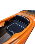 Cockpit view of the Cambridge Kayaks Explorer 430 sit inside kayak in orange black fade, with molded seat, bungee deck cords, and hatch covers.