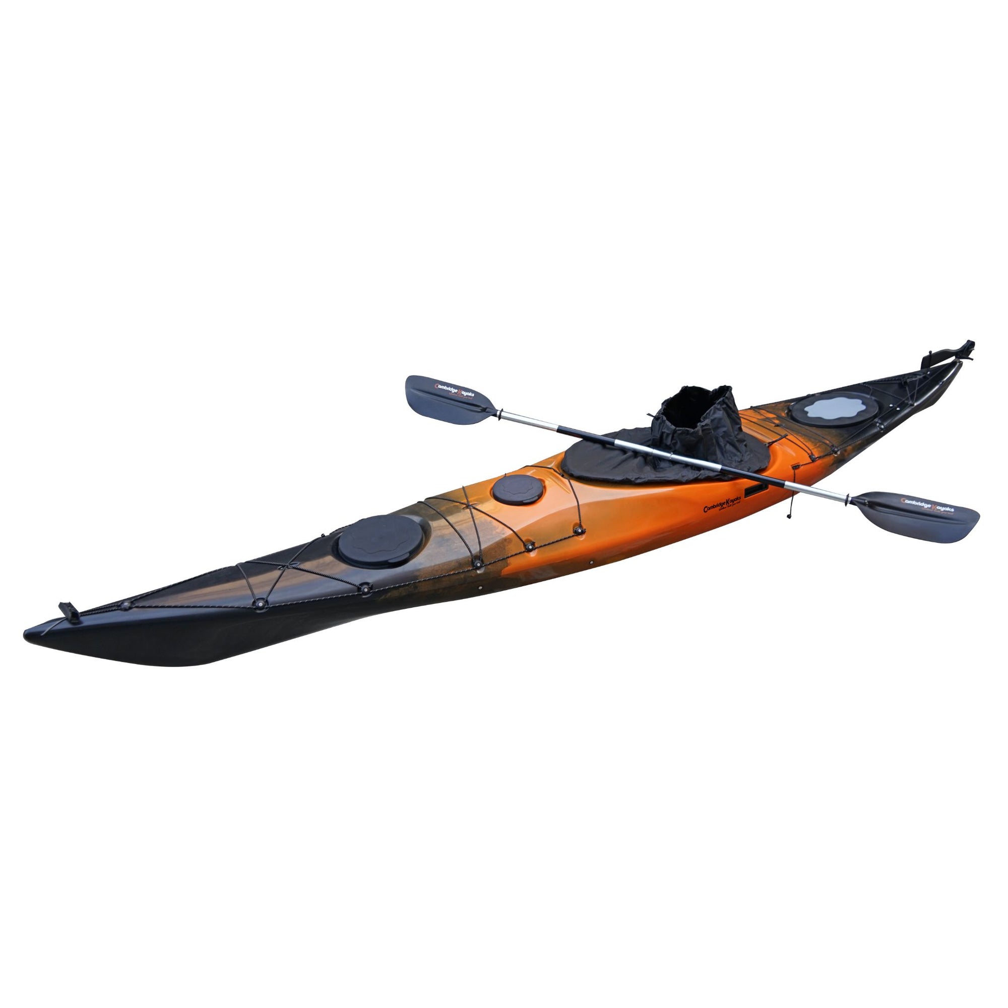 Deck detail of the Cambridge Kayaks Explorer 430 sit inside kayak in orange black fade, highlighting secure hatch seals and touring deck rigging.