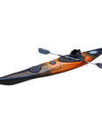 Deck detail of the Cambridge Kayaks Explorer 430 sit inside kayak in orange black fade, highlighting secure hatch seals and touring deck rigging.