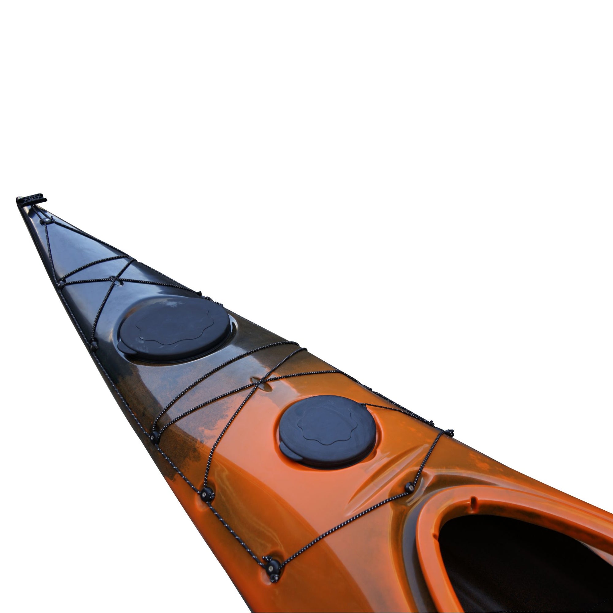 Side profile of the Cambridge Kayaks Explorer 430 sit inside kayak in orange black fade, stylish and durable kayak built for touring performance.