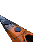 Side profile of the Cambridge Kayaks Explorer 430 sit inside kayak in orange black fade, stylish and durable kayak built for touring performance.