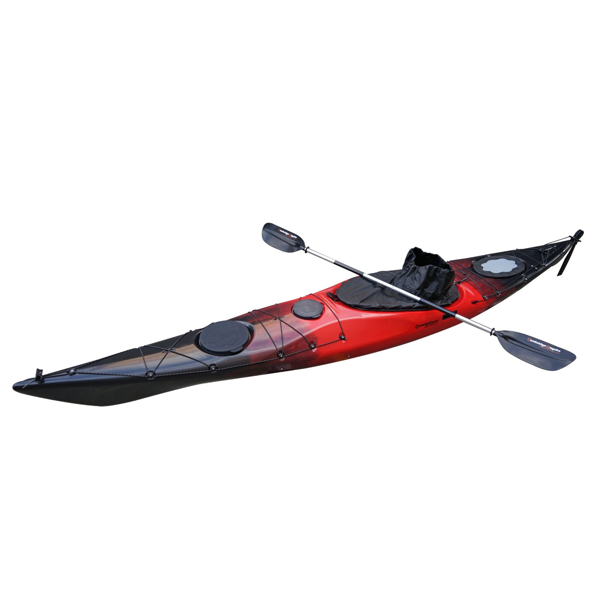 Close-up of the Cambridge Kayaks Explorer 430 sit inside kayak in red black fade, highlighting front hatch, seat padding, and deck fittings.