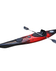 Close-up of the Cambridge Kayaks Explorer 430 sit inside kayak in red black fade, highlighting front hatch, seat padding, and deck fittings.