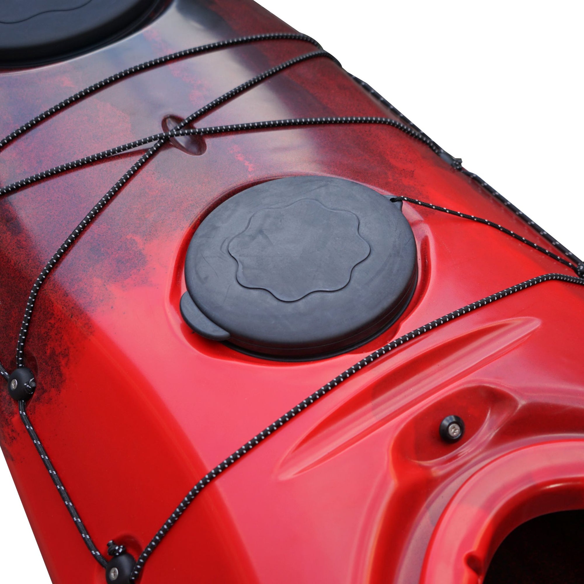 Cambridge Kayaks Explorer 430 sit inside kayak in red black fade, front angled view showing aerodynamic touring bow and deep seat design.