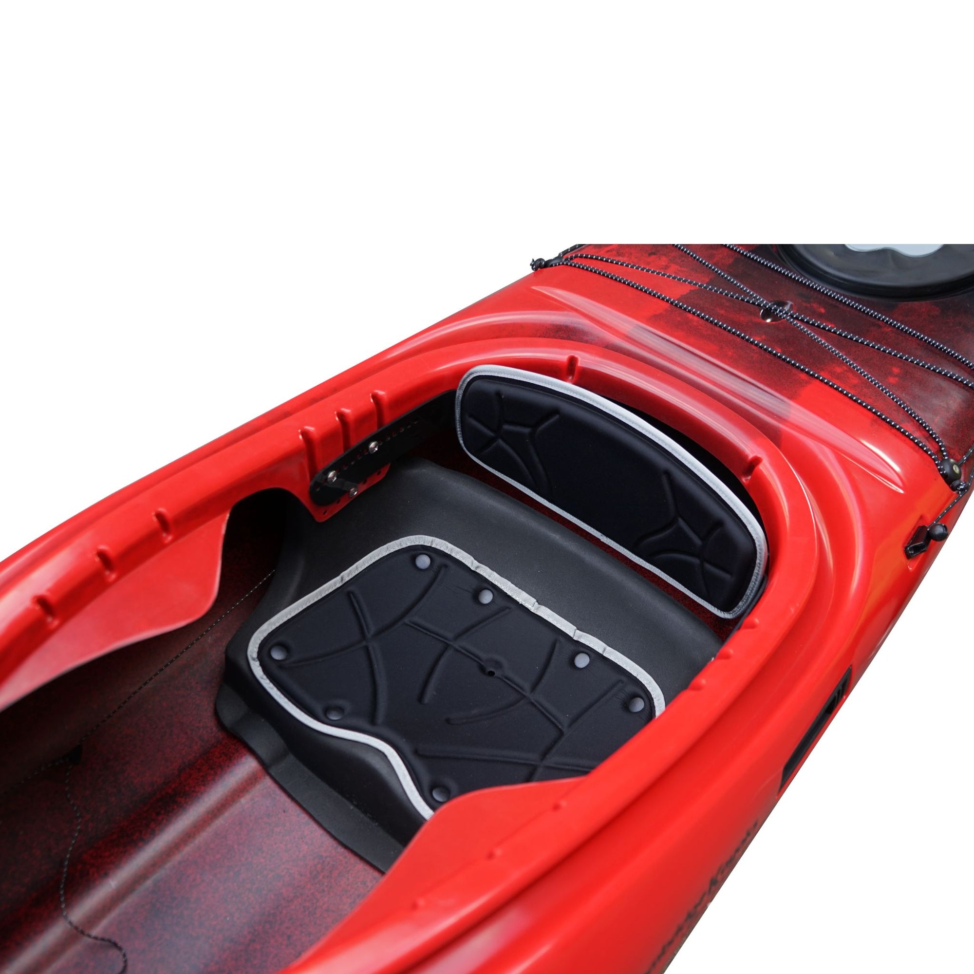 Side profile of the Cambridge Kayaks Explorer 430 sit inside kayak in red black fade, built for stability, comfort, and long-distance paddling.