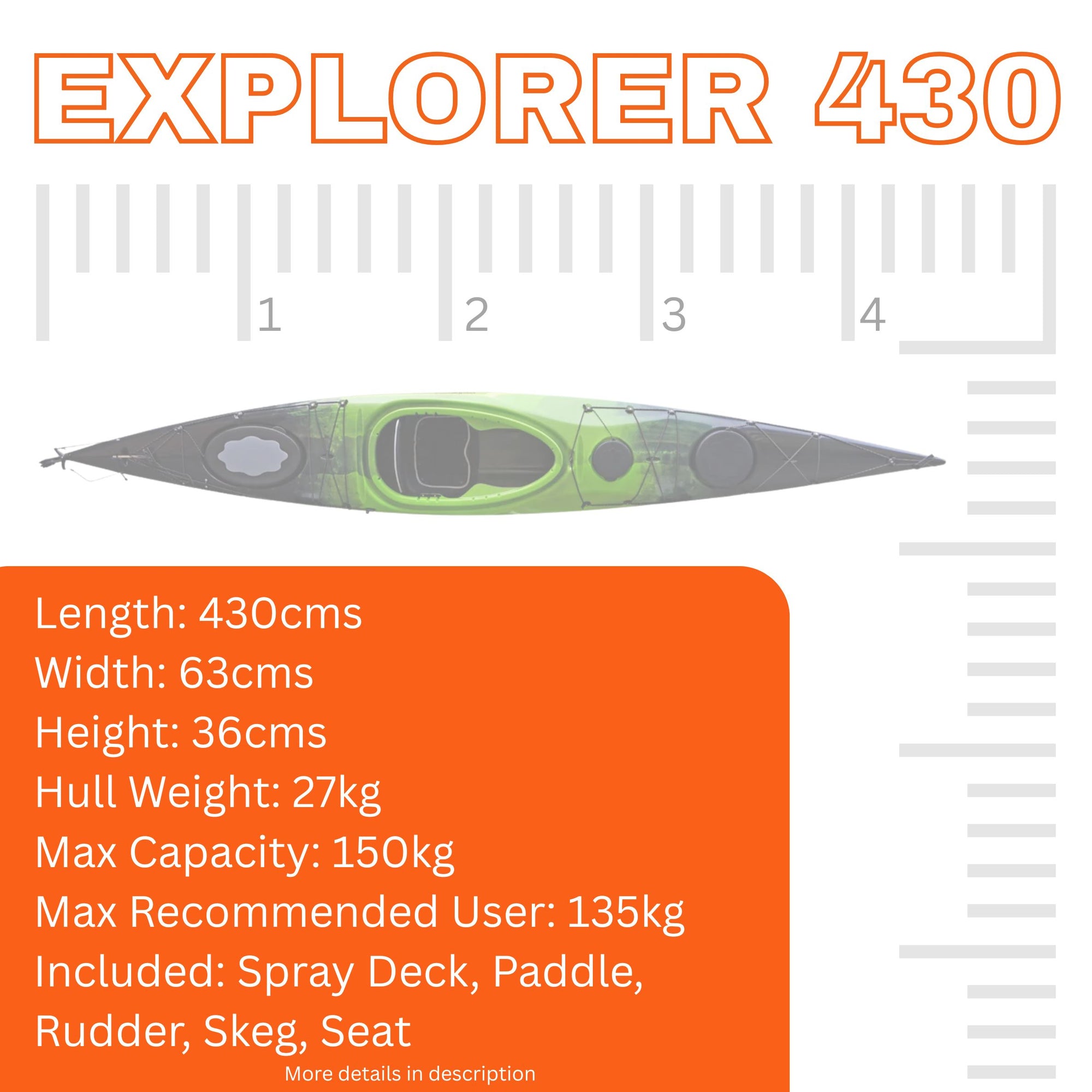 Dimensions diagram of Cambridge Kayaks Explorer 430 sit inside touring kayak with length, width, hull design and storage details for buyers comparing tandem touring kayaks