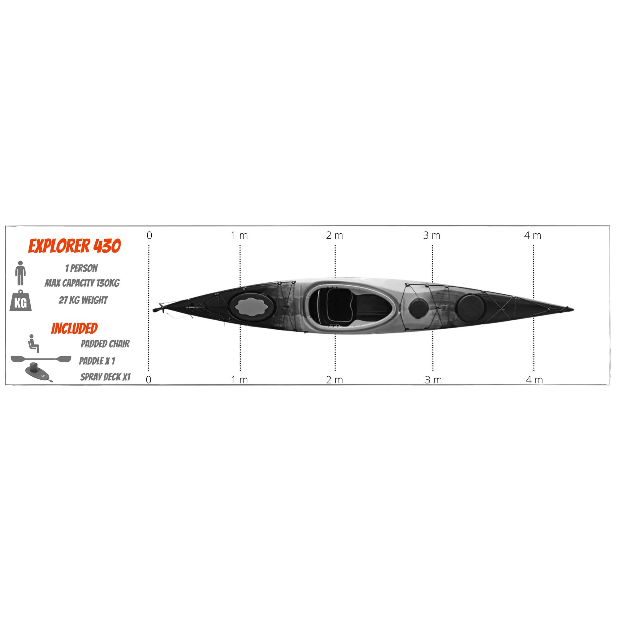 Dimensions diagram of Cambridge Kayaks Explorer 430 sit inside touring kayak with length, width, hull design and storage details for buyers comparing tandem touring kayaks