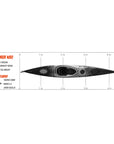 Dimensions diagram of Cambridge Kayaks Explorer 430 sit inside touring kayak with length, width, hull design and storage details for buyers comparing tandem touring kayaks