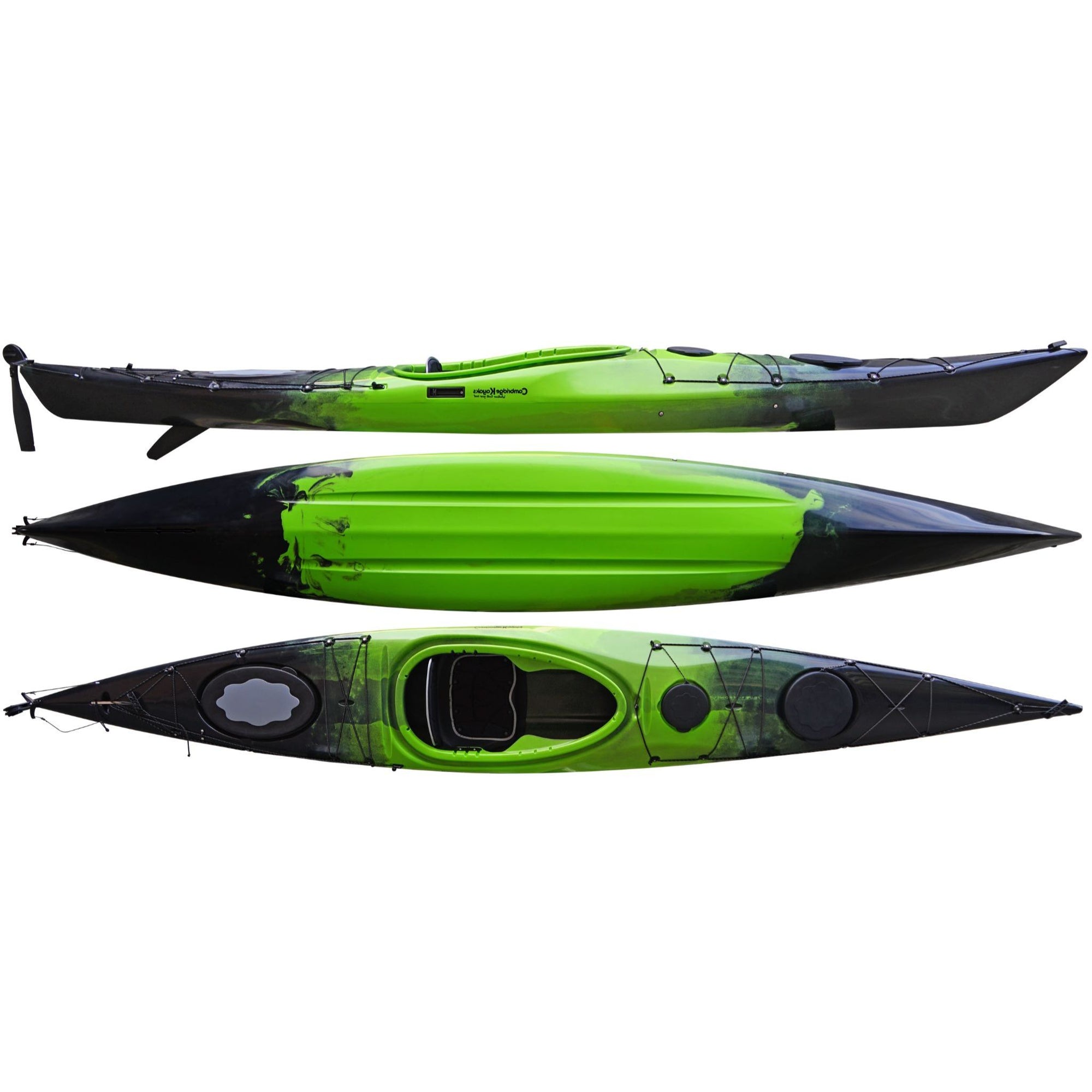 Cambridge Kayaks Explorer 430 sit inside touring kayak in green black fade, stable double kayak for families and beginners, one of the best sit in kayaks UK for rivers, lakes and coastal waters