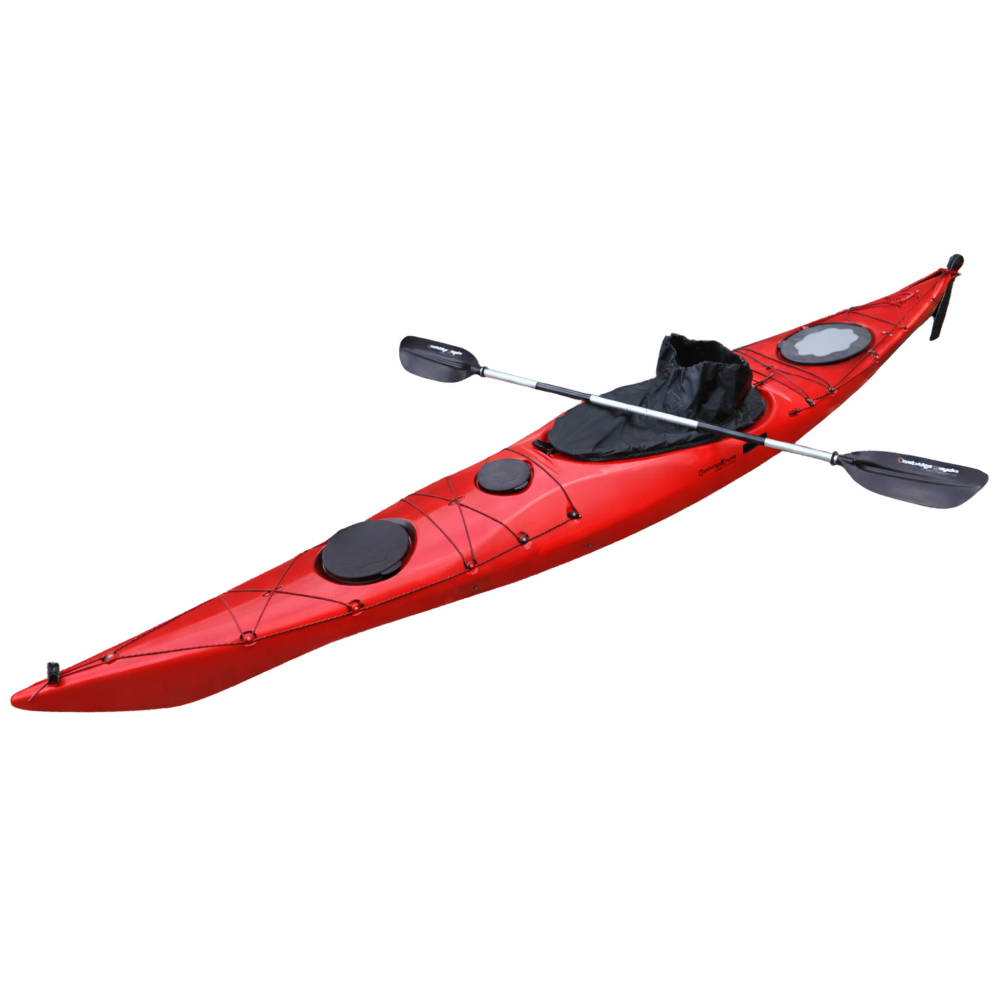 The Cambridge Kayaks Explorer 430 Sit-Inside Touring Kayak in red, a sleek and efficient design perfect for long-distance paddling. Featuring dual watertight storage hatches, deck bungee cords, a retractable rudder system, and a comfortable enclosed cockpit for enhanced protection and control during touring adventures on lakes, rivers, and coastal waters.