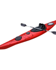 The Cambridge Kayaks Explorer 430 Sit-Inside Touring Kayak in red, a sleek and efficient design perfect for long-distance paddling. Featuring dual watertight storage hatches, deck bungee cords, a retractable rudder system, and a comfortable enclosed cockpit for enhanced protection and control during touring adventures on lakes, rivers, and coastal waters.