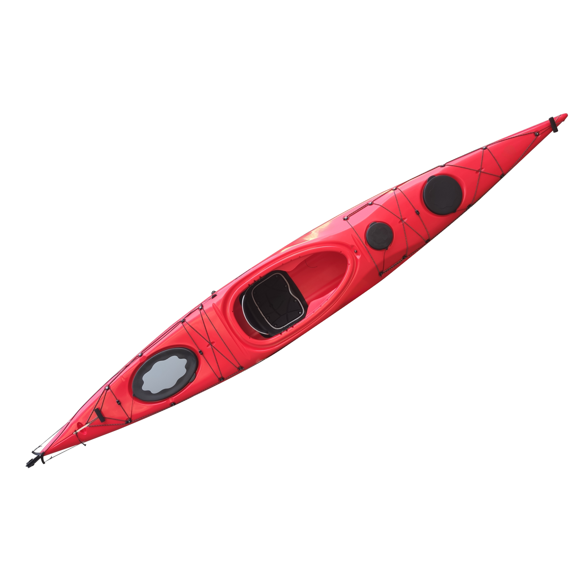 Cambridge Kayaks Explorer 430 Touring Kayak in red shown from a front angle, highlighting its sleek design, dual storage hatches, and spacious cockpit for long-distance paddling.