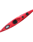 Cambridge Kayaks Explorer 430 Touring Kayak in red shown from a front angle, highlighting its sleek design, dual storage hatches, and spacious cockpit for long-distance paddling.
