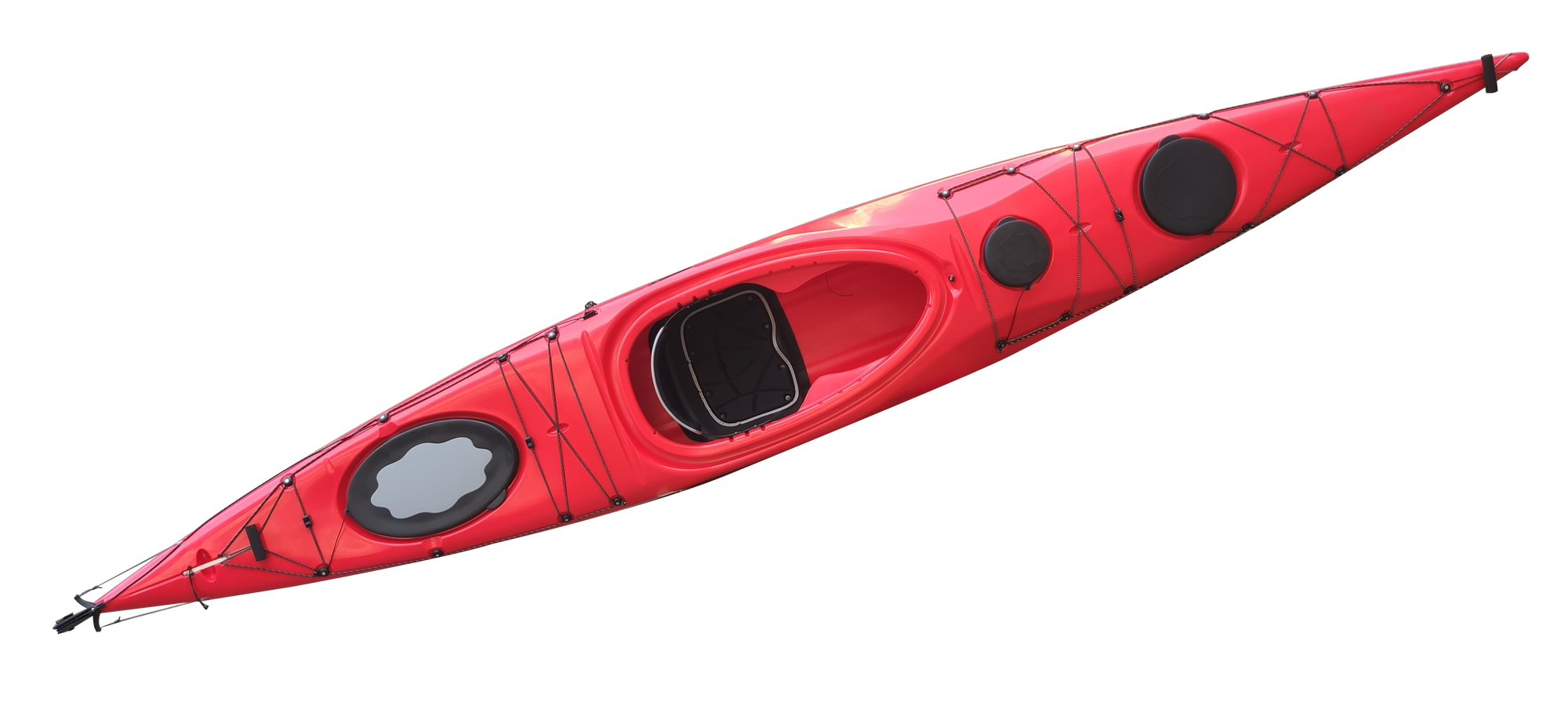 Cambridge Kayaks Explorer 430 Touring Kayak in red shown from a front angle, highlighting its sleek design, dual storage hatches, and spacious cockpit for long-distance paddling.
