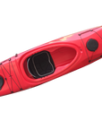 Cambridge Kayaks Explorer 430 Touring Kayak in red shown from a front angle, highlighting its sleek design, dual storage hatches, and spacious cockpit for long-distance paddling.