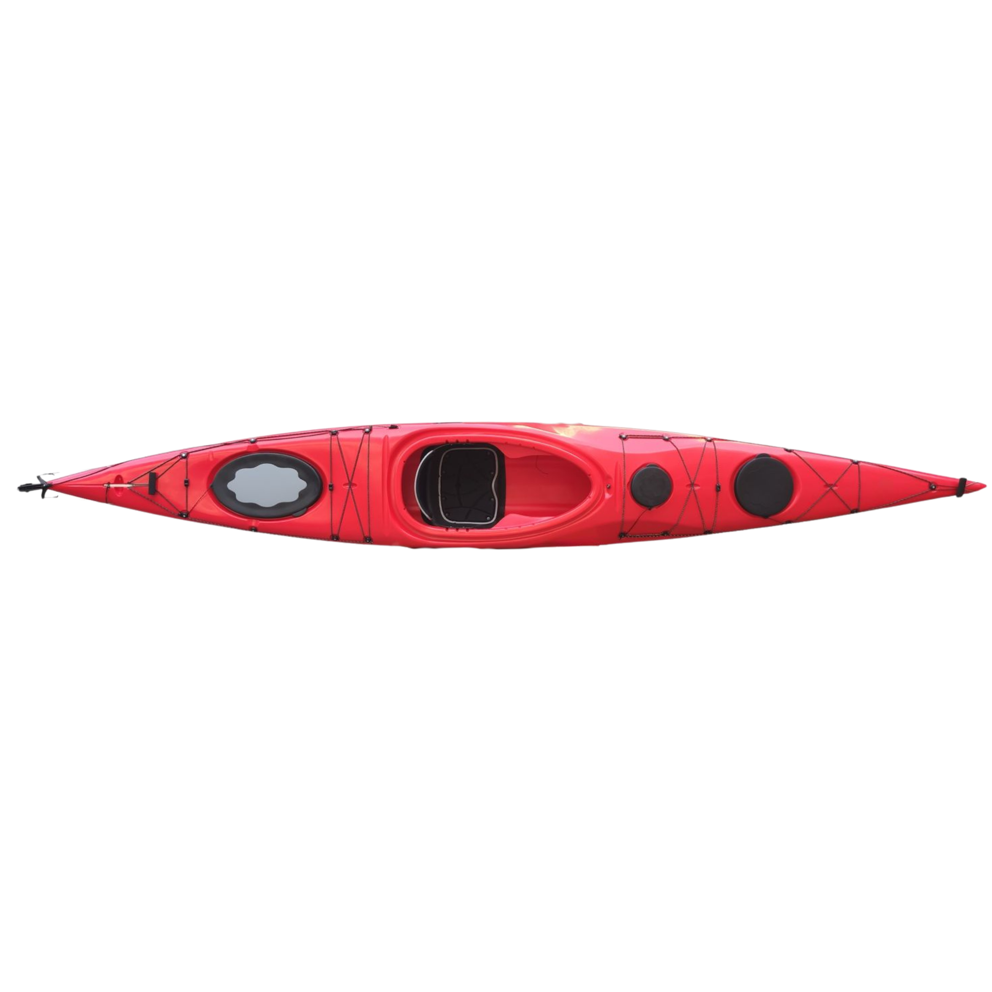 Overhead image of Cambridge Kayaks Explorer 430 red touring kayak displaying complete deck configuration, hatch positioning, and balanced hull contours.