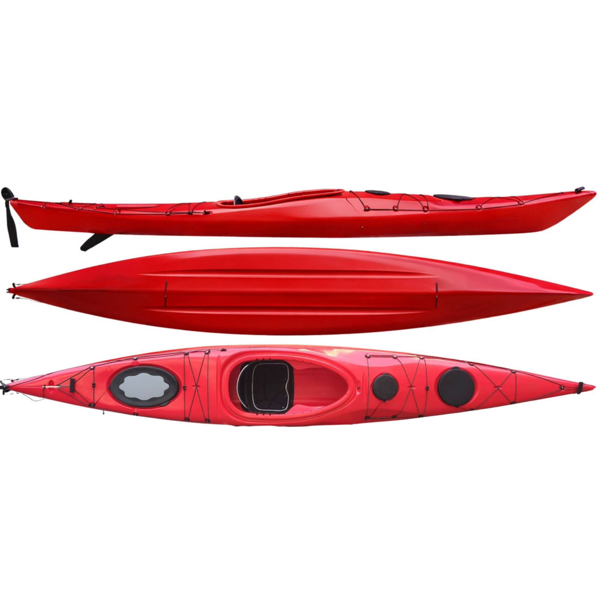 Full view of the Cambridge Kayaks Explorer 430 in red showing top, side, and hull profiles with watertight hatches and ergonomic seat layout for performance touring.