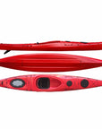 Full view of the Cambridge Kayaks Explorer 430 in red showing top, side, and hull profiles with watertight hatches and ergonomic seat layout for performance touring.