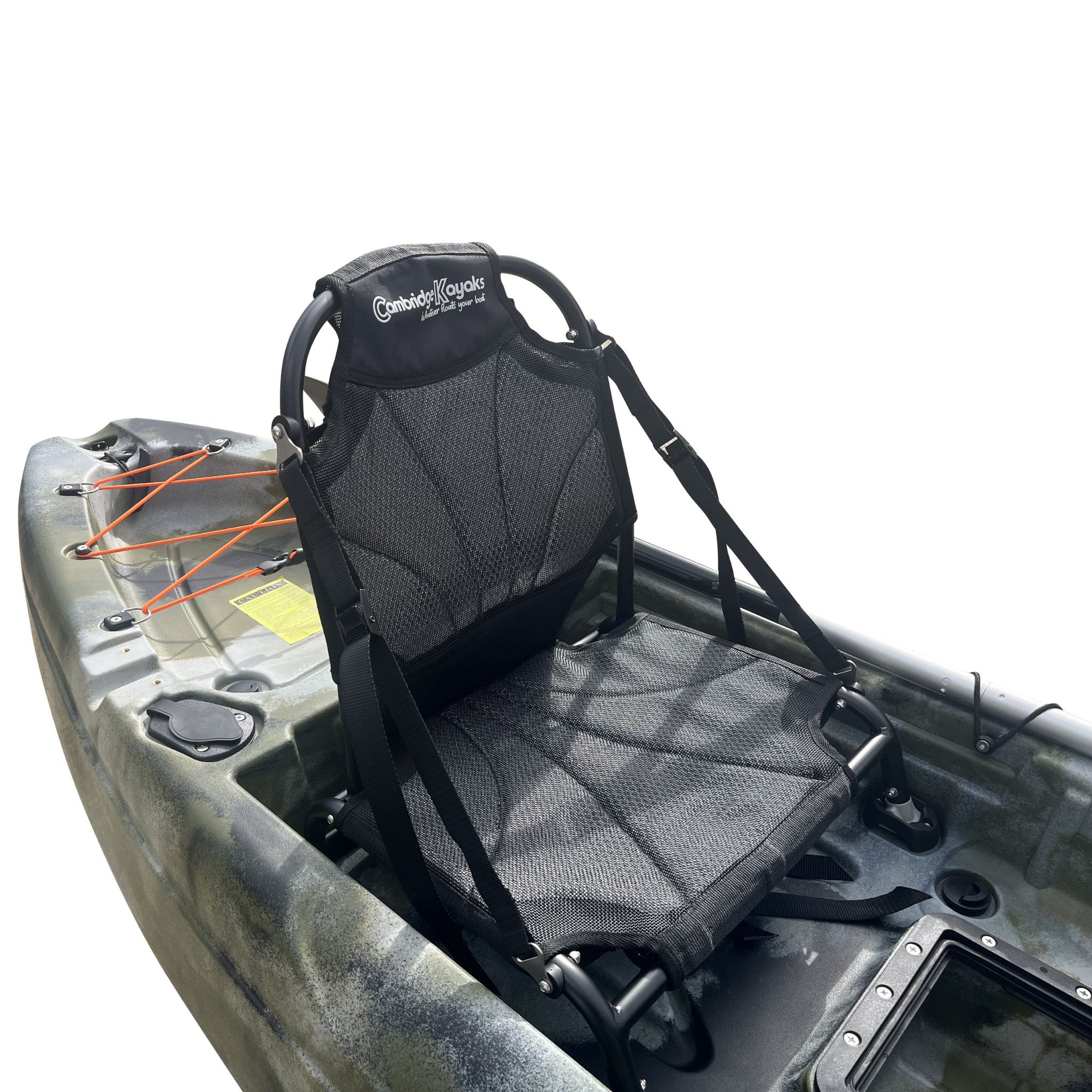 Cambridge Kayaks aluminium seat installed on a camouflage fishing kayak, highlighting the reinforced frame and comfortable seating position.