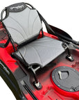 Cambridge Kayaks aluminium fishing seat installed on a red kayak, demonstrating its stable mounting and ergonomic high-back design.