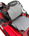 Two Cambridge Kayaks aluminium fishing seats mounted on a red tandem kayak, illustrating double seating setup and wide seat spacing.