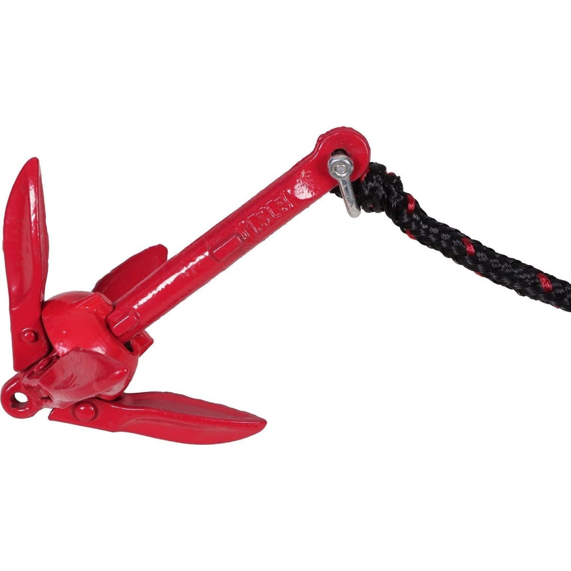 Cambridge Kayaks red folding anchor fully extended, attached to the rope and float for kayak mooring use.