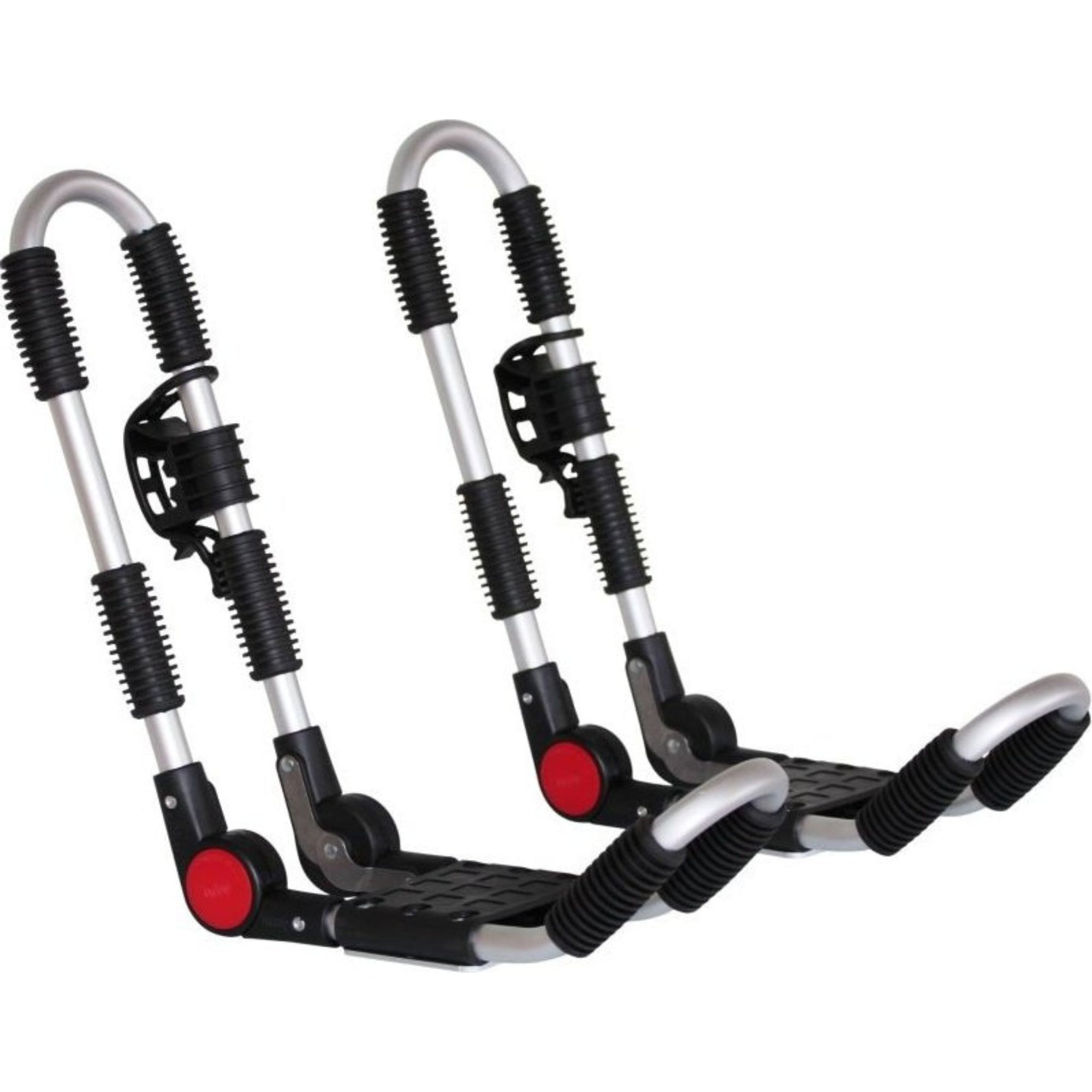 Front view of the Cambridge Kayaks Folding J Bars 2nd Edition, showing the robust aluminium frame, foam padding, and red pivot joints designed for kayak roof transport.