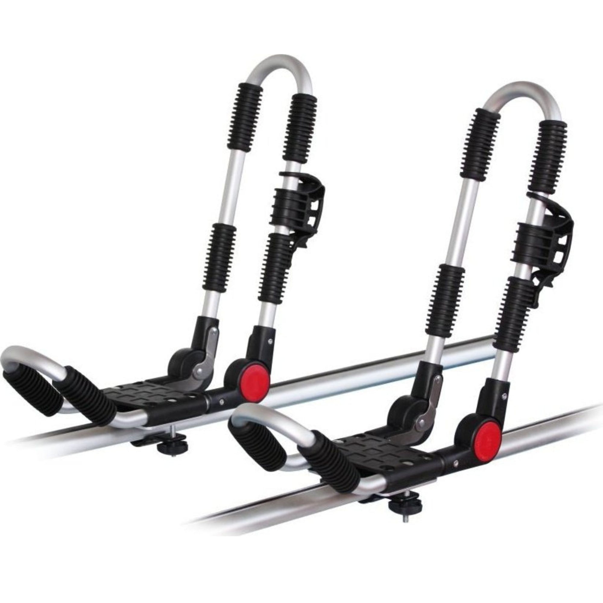 Cambridge Kayaks Folding J Bars 2nd Edition mounted securely onto a vehicle roof rack, ready for kayak loading.