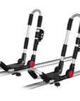 Cambridge Kayaks Folding J Bars 2nd Edition mounted securely onto a vehicle roof rack, ready for kayak loading.
