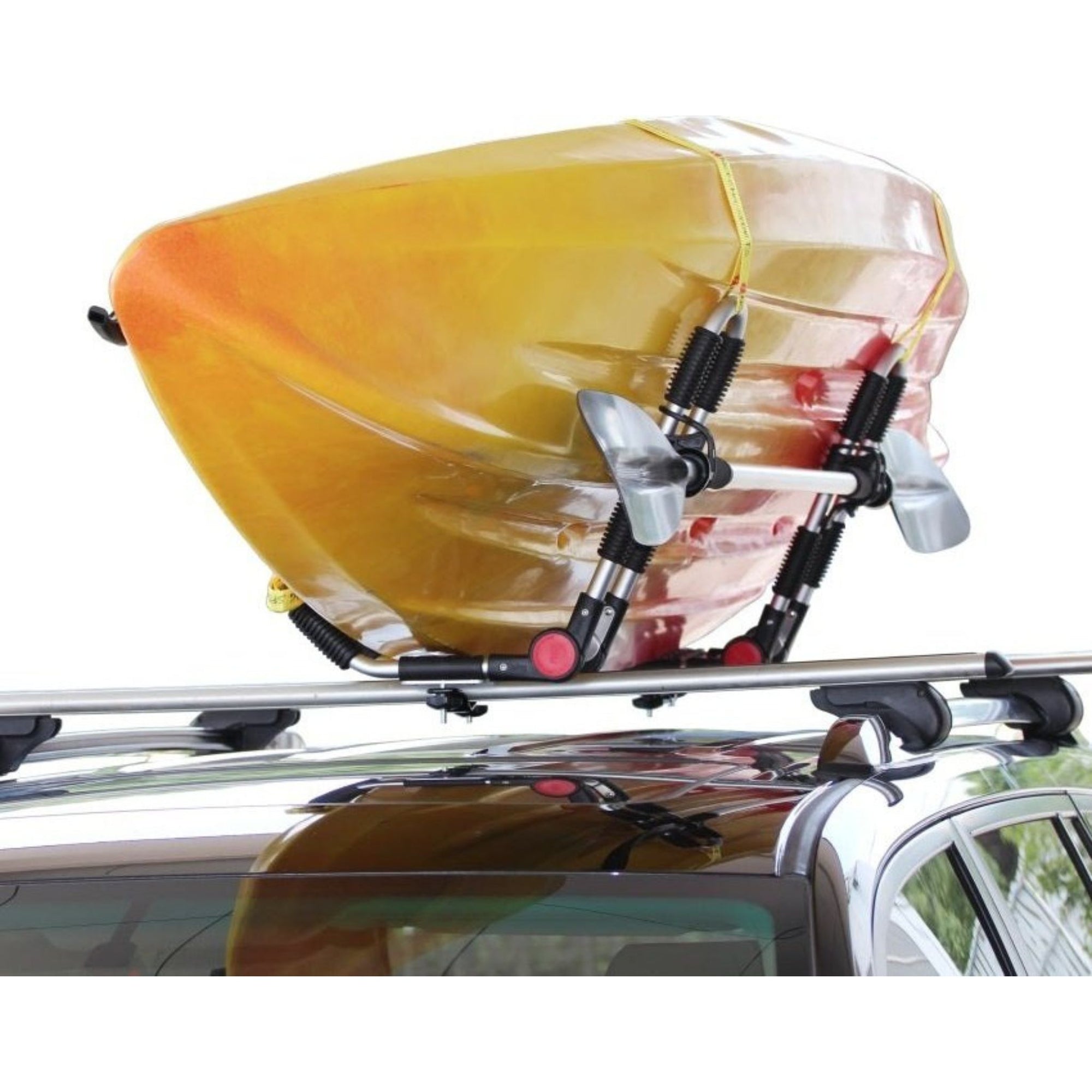 Cambridge Kayaks Folding J Bars 2nd Edition in use with a kayak mounted on the roof rack, illustrating proper fit and secure transport.