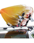 Cambridge Kayaks Folding J Bars 2nd Edition in use with a kayak mounted on the roof rack, illustrating proper fit and secure transport.