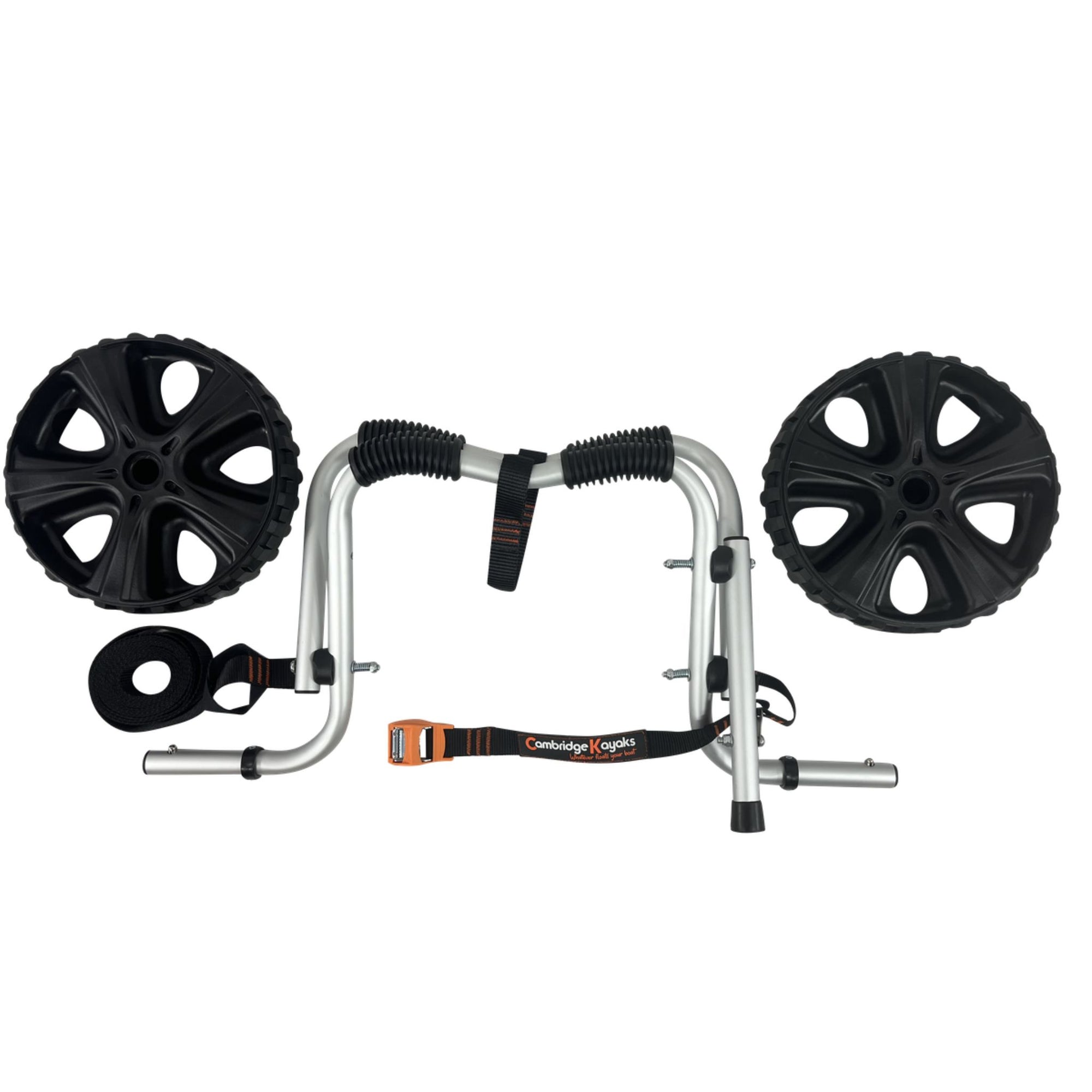 Cambridge Kayaks Folding Kayak Trolley displayed with wheels detached, showing its simple assembly design and heavy-duty frame ideal for carrying large kayaks and small boats.