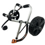 Front angled view of the Cambridge Kayaks Folding Kayak Trolley featuring its strong aluminium frame, padded cradle supports, and large puncture-proof wheels for reliable kayak transport.