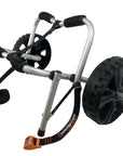 Front angled view of the Cambridge Kayaks Folding Kayak Trolley featuring its strong aluminium frame, padded cradle supports, and large puncture-proof wheels for reliable kayak transport.