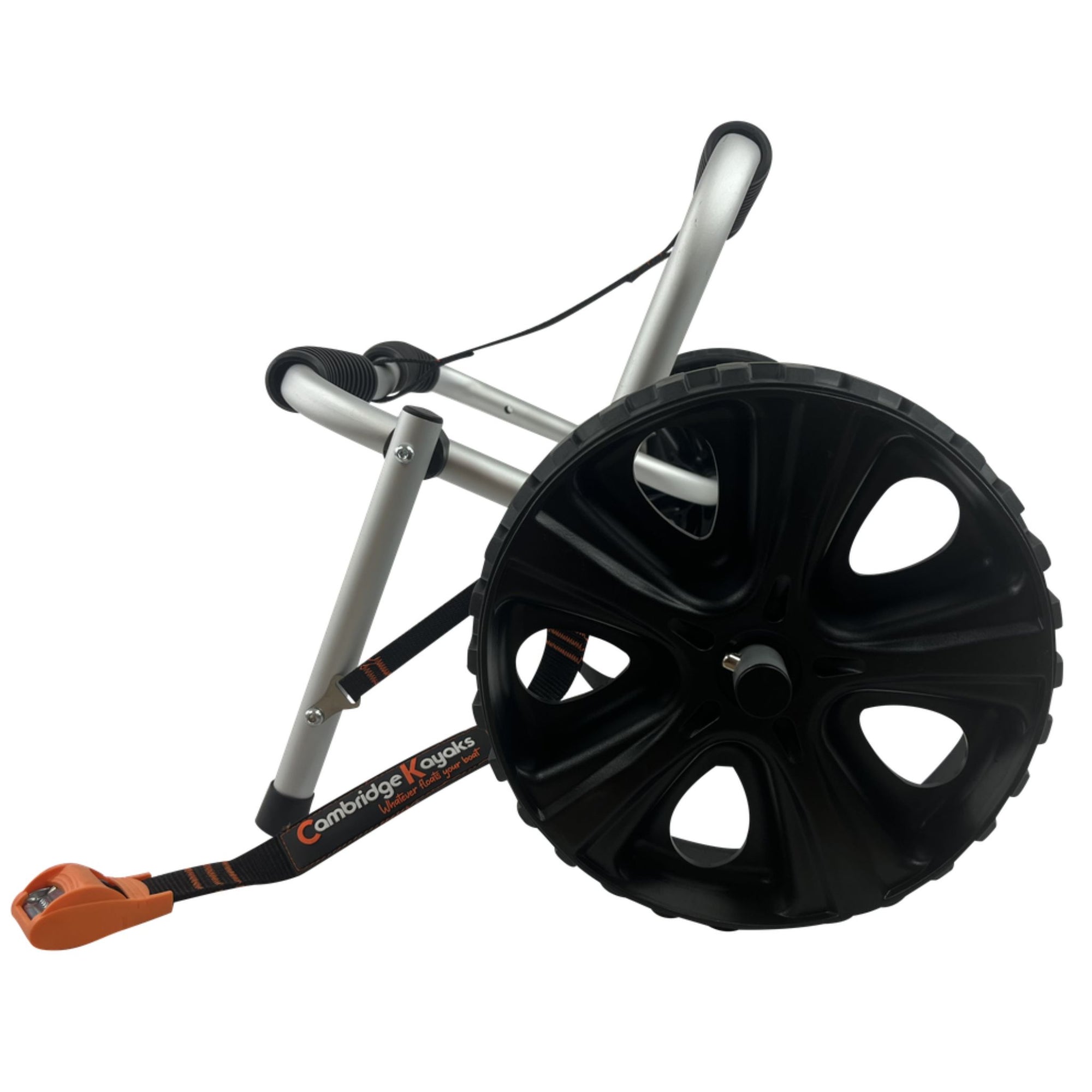 Rear view of the Cambridge Kayaks Folding Kayak Trolley highlighting its wide wheel spacing and folding frame for compact storage and smooth handling on rough ground.