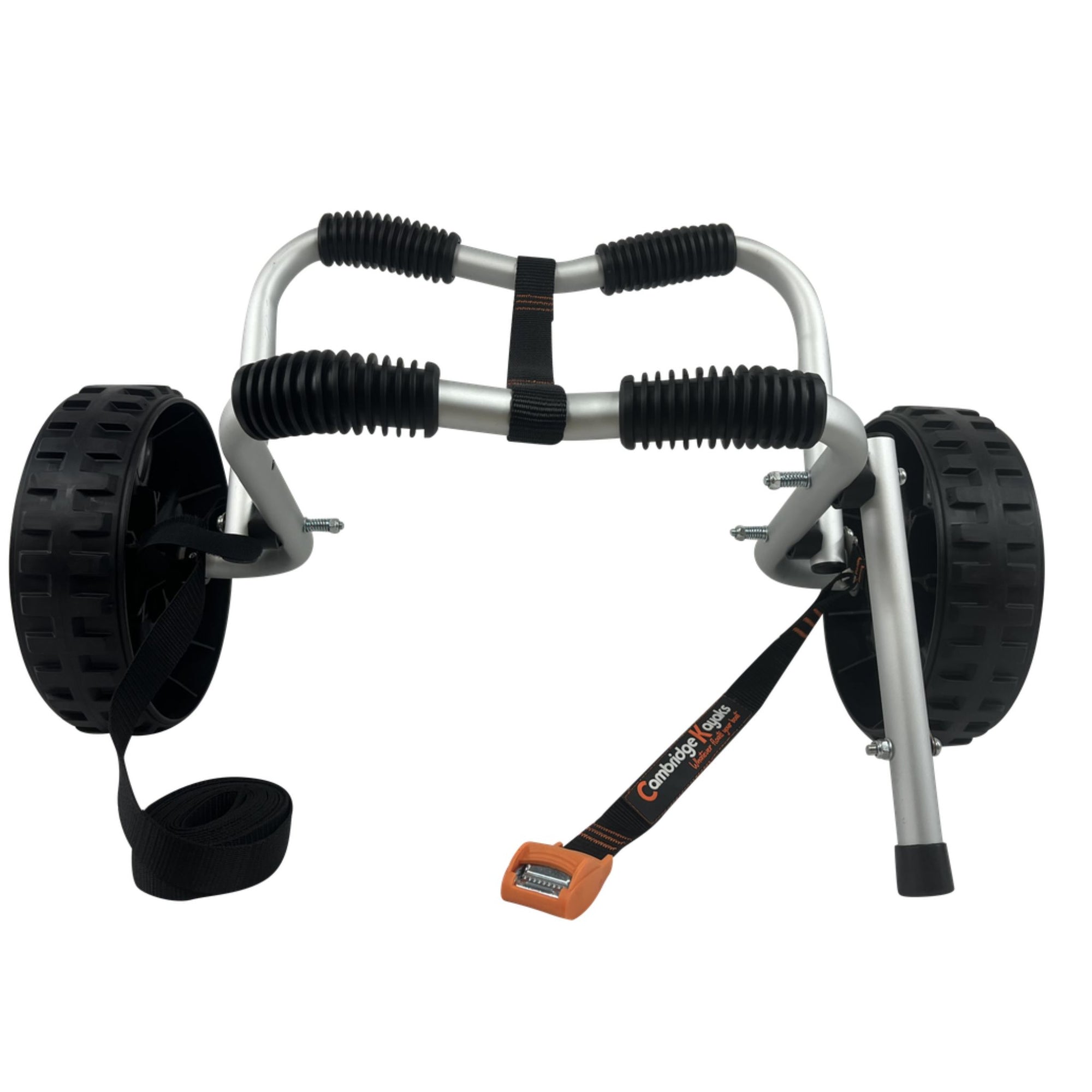 Side view of the Cambridge Kayaks Folding Kayak Trolley showing its durable rubber padding and stabilising kickstand, designed for secure and easy loading of kayaks or canoes.