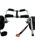 Side view of the Cambridge Kayaks Folding Kayak Trolley showing its durable rubber padding and stabilising kickstand, designed for secure and easy loading of kayaks or canoes.