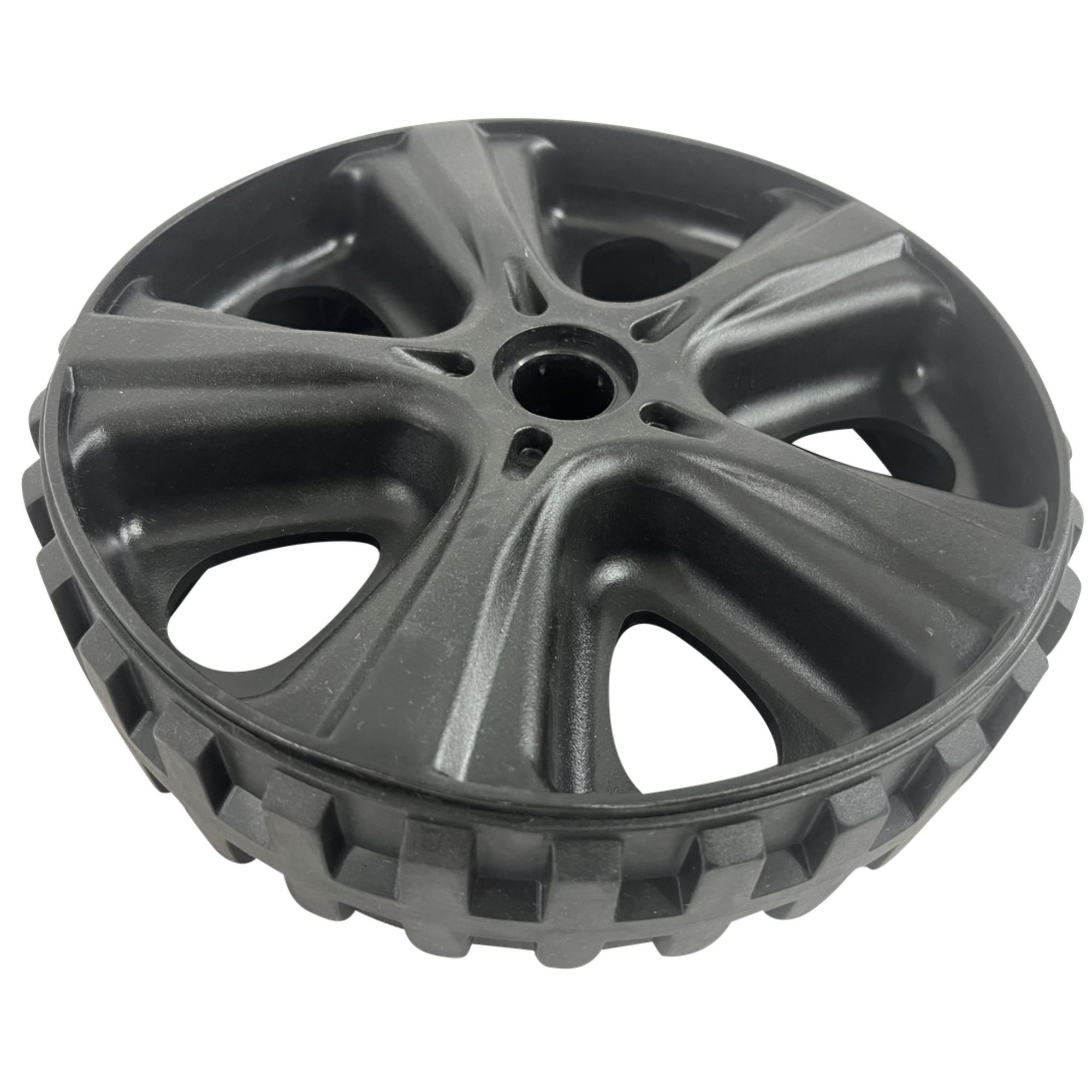 Close-up of the Cambridge Kayaks Folding Kayak Trolley wheel, showcasing the deep tread pattern and robust construction built for use on sand, gravel, or uneven surfaces.